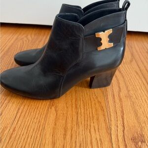 Tory Burch Black Leather Ankle Booties with Gold Logo Accent